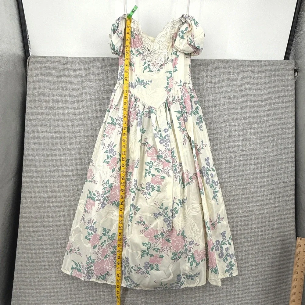 Vtg Scott McClintock Floral Dress Sz 6 Puff Sleeve Lace Cottage Coquette Basque - Picture 3 of 15